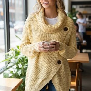 Miracle Yellow Cowl Neck Sweater with Button Accents